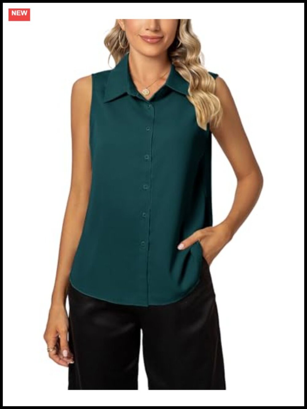 Sleeveless Button Down V Neck Collared Blouse for Work